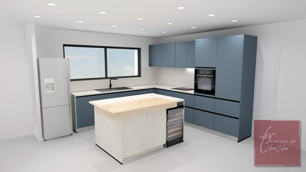 Cuisine posée 
Cuisine à distance,
cuisine à domicile,
cuisiniste à domicile,
cuisiniste à distance
cuisine Bleue 
plan de travail béton beige
plan de travail 10 cm d'épaisseur.
Cuisiniste Narbonne
Cuisiniste Perpignan,
cuisiniste Occitanie